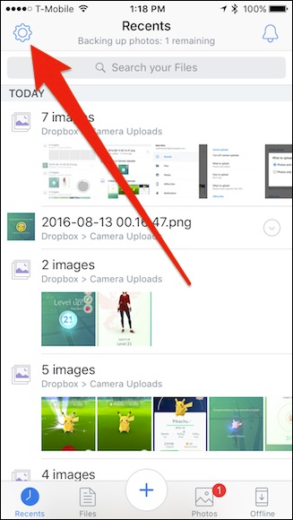 Настройки Dropbox на iOS — значок шестерёнки