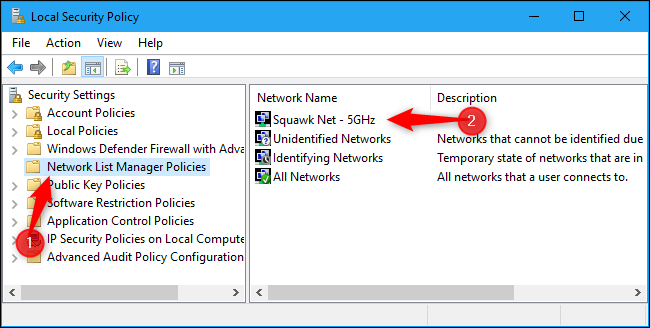 Снимок экрана списка профилей в Network List Manager Policies