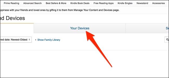 Вкладка Ваши устройства на странице Amazon