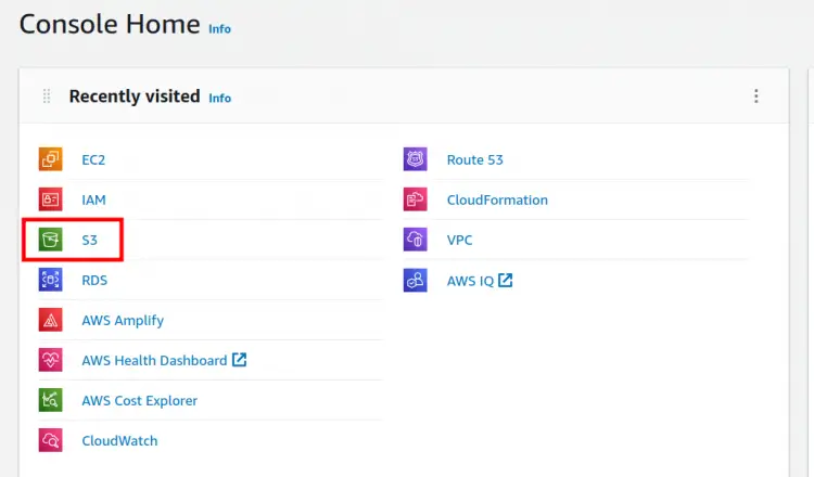 Плитка S3 в списке сервисов AWS с иконкой S3 и пометкой сервиса