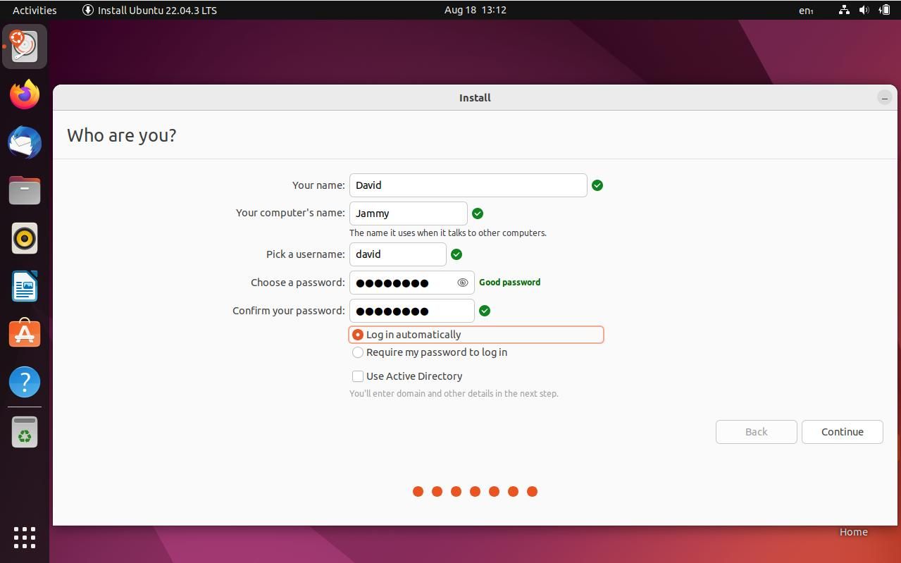 Создание учётной записи при установке Ubuntu