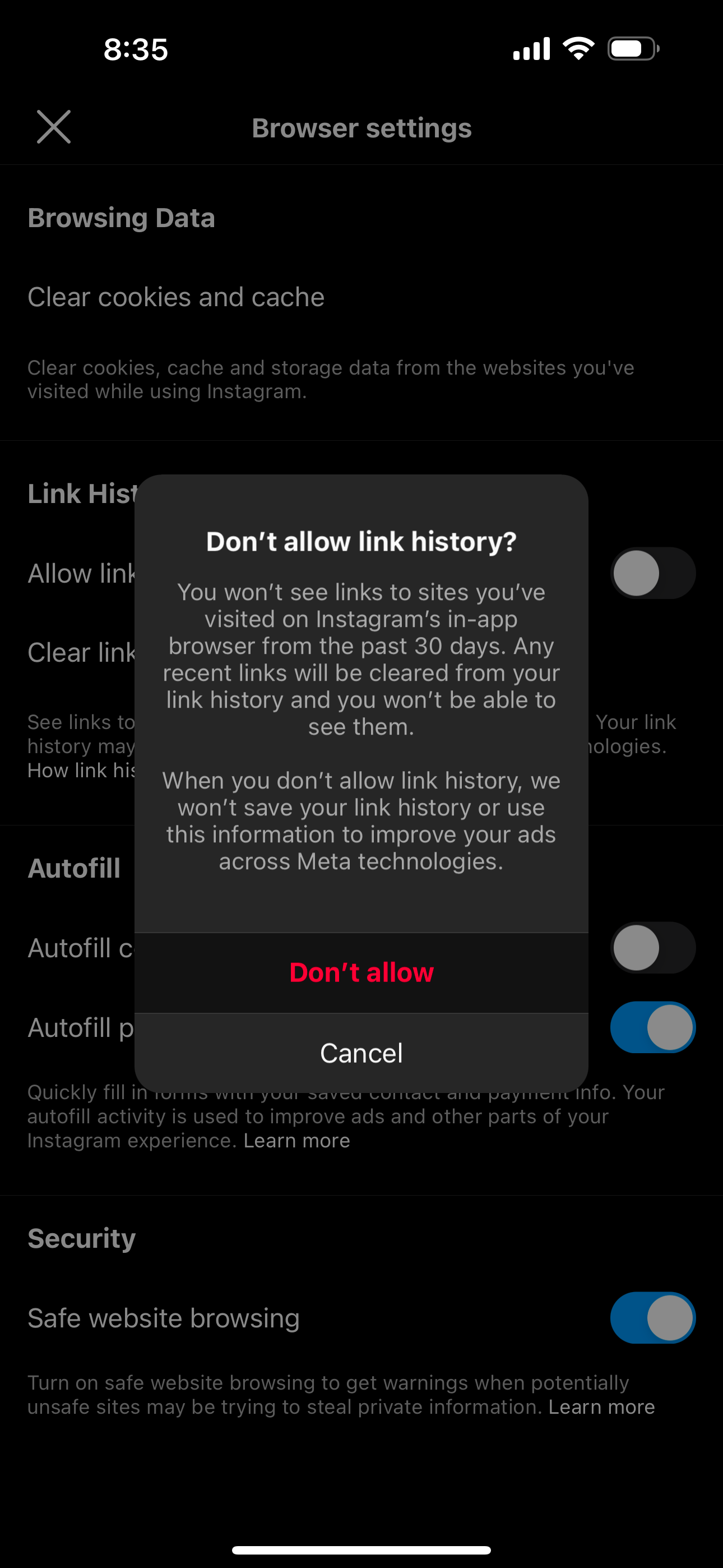 Instagram asking for confirmation to disable Link History