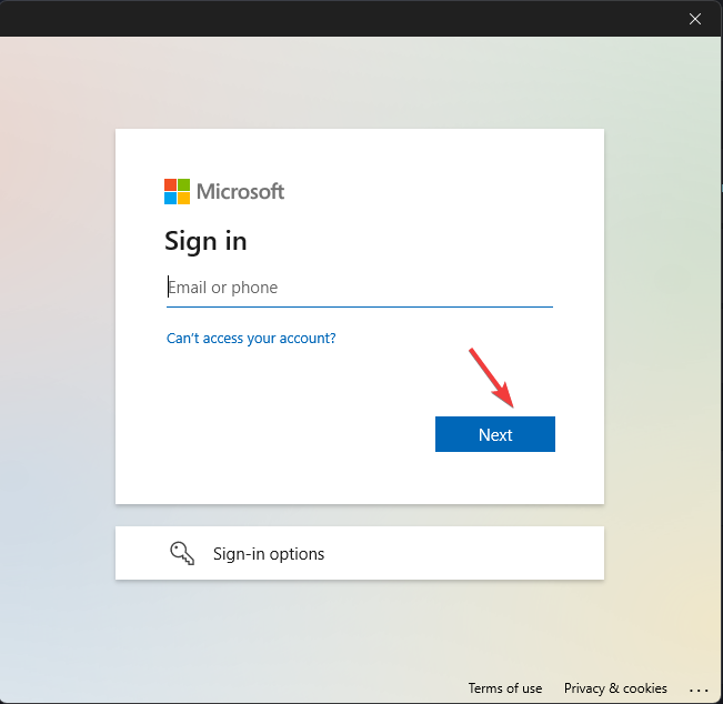 Окно входа Microsoft — введите адрес электронной почты