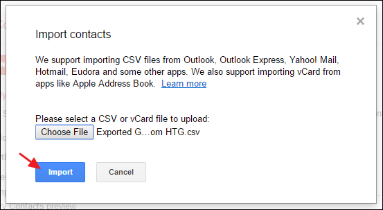 Подтверждение импорта: кнопка 'Импорт' в Google Contacts