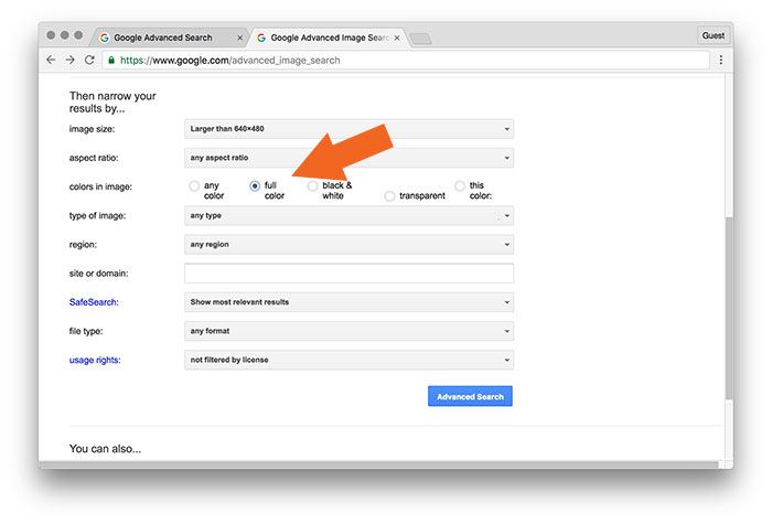 Меню выбора цвета изображений в расширенном поиске, выбран полноцветный режим