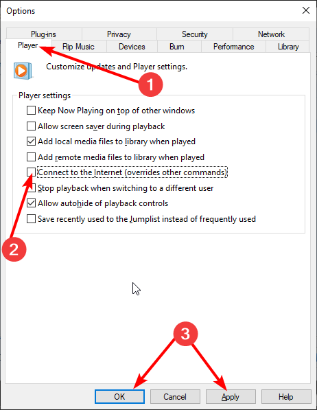Вкладка Проигрыватель в Windows Media Player