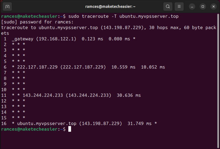 Терминал: traceroute с TCP SYN (-T) вместо UDP