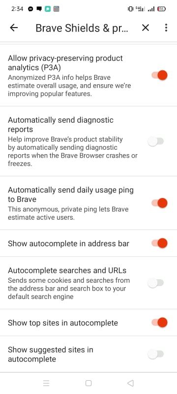 Отключение подсказок в Brave на Android