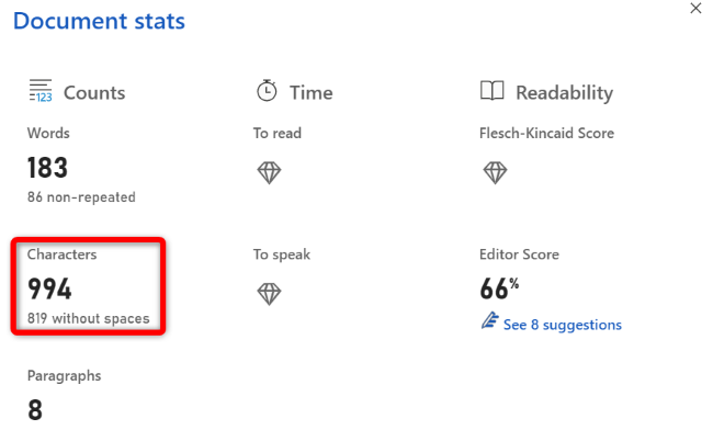 Количество символов в окне «Сведения о документе» веб‑версии Word