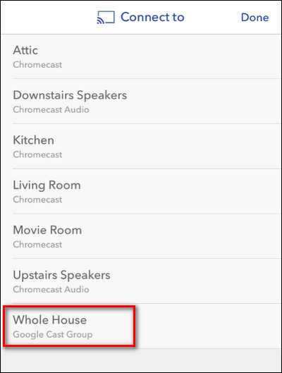 Выбор группы Whole House в приложении Pandora для cast