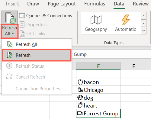 Select Refresh for one item