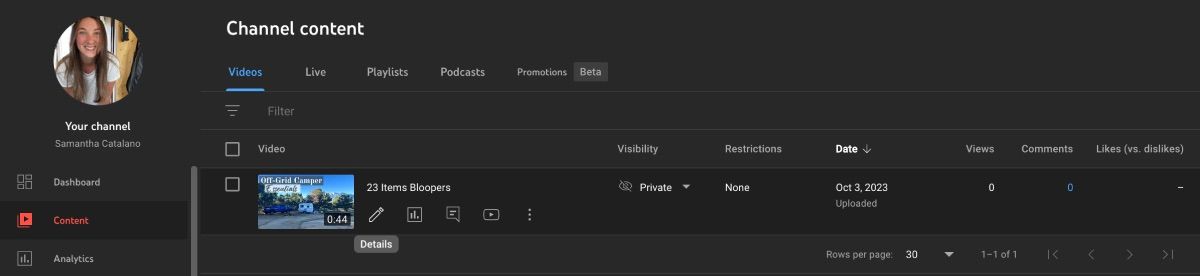 Страница Контента YouTube Studio с выбранным видео