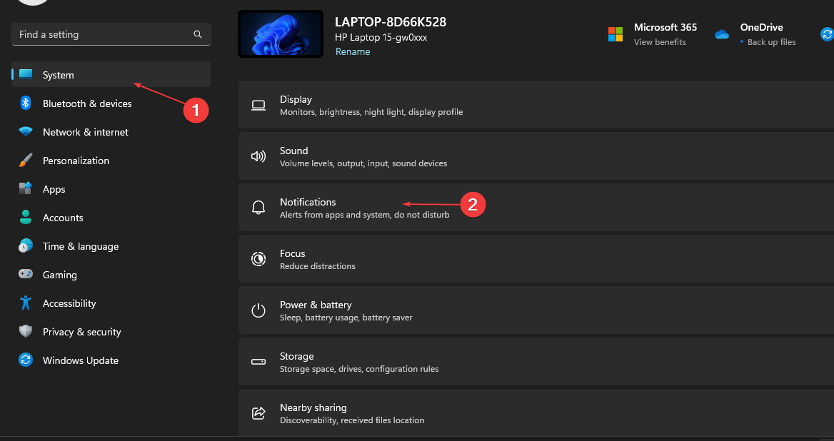 Скриншот раздела уведомлений в Параметрах Windows