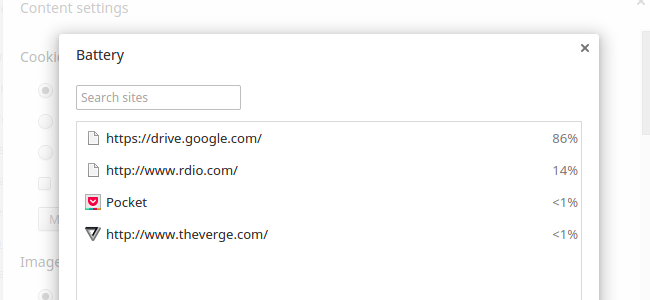 Список страниц и приложений по использованию батареи в Chrome OS