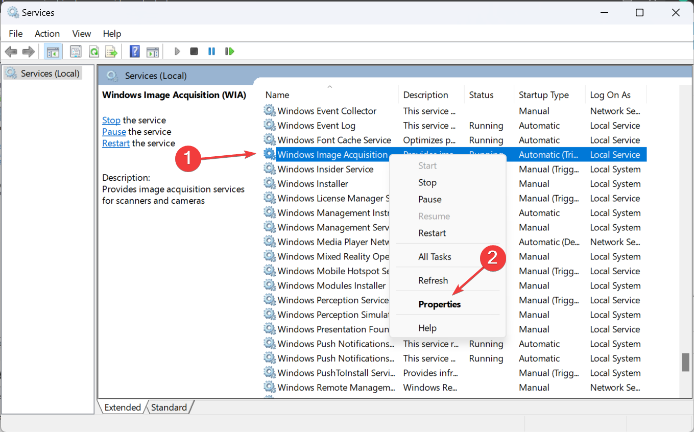 Окно свойств службы Windows Image Acquisition