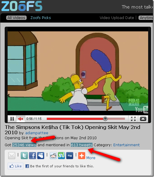 Открытое окно просмотра ролика с баннером Zoofs Pick и статистикой