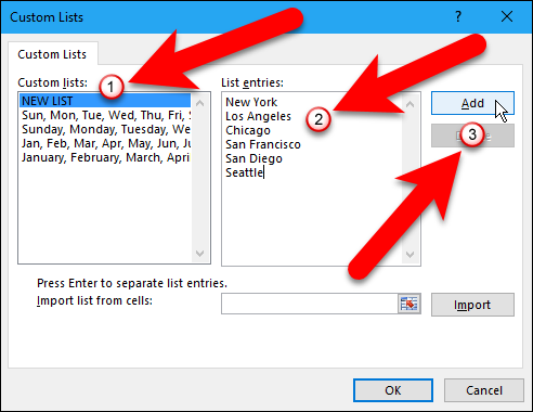 Ввод пользовательского списка вручную и добавление его в Excel