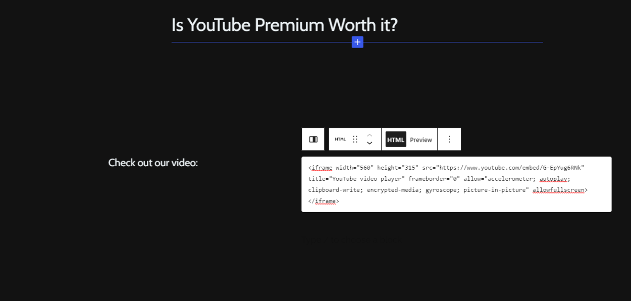 Блок Custom HTML c вставленным кодом видео в WordPress
