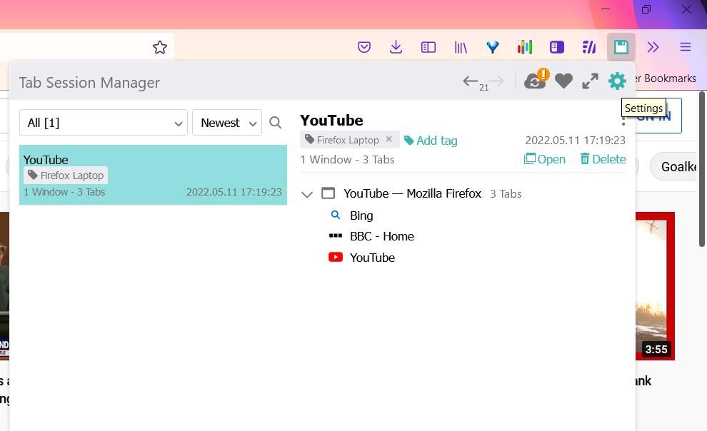 Кнопка Настройки расширения Tab Session Manager