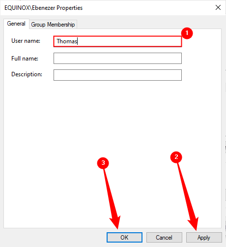 Поле для ввода нового имени в свойствах пользователя.
