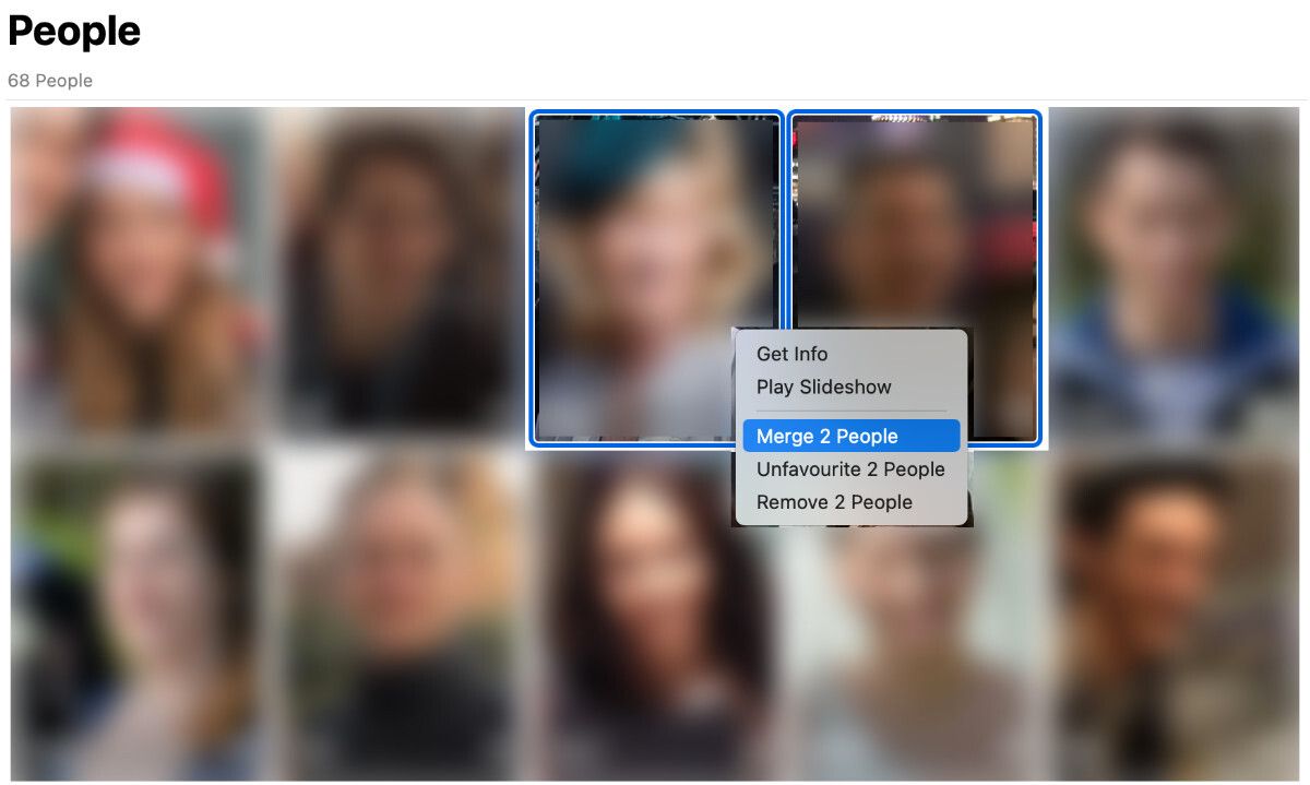 Опция «Объединить 2 человека» в приложении «Фото» на Mac