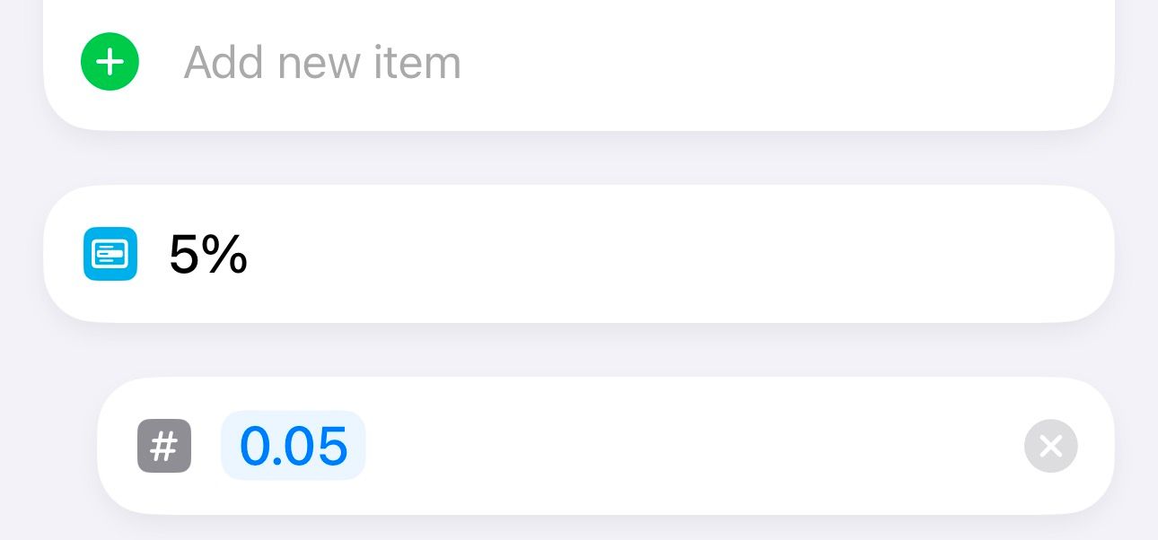 Ввод числового эквивалента процента (0.05) в шорткате.