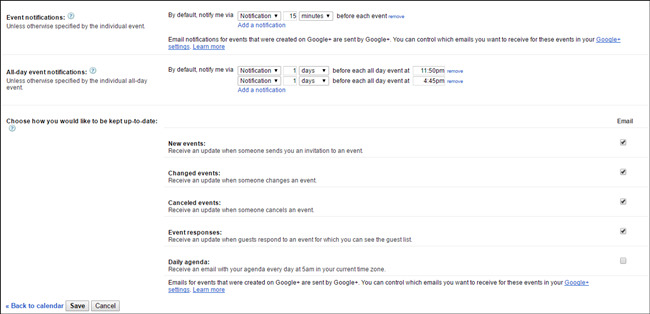 Скриншот: опции уведомлений для календаря