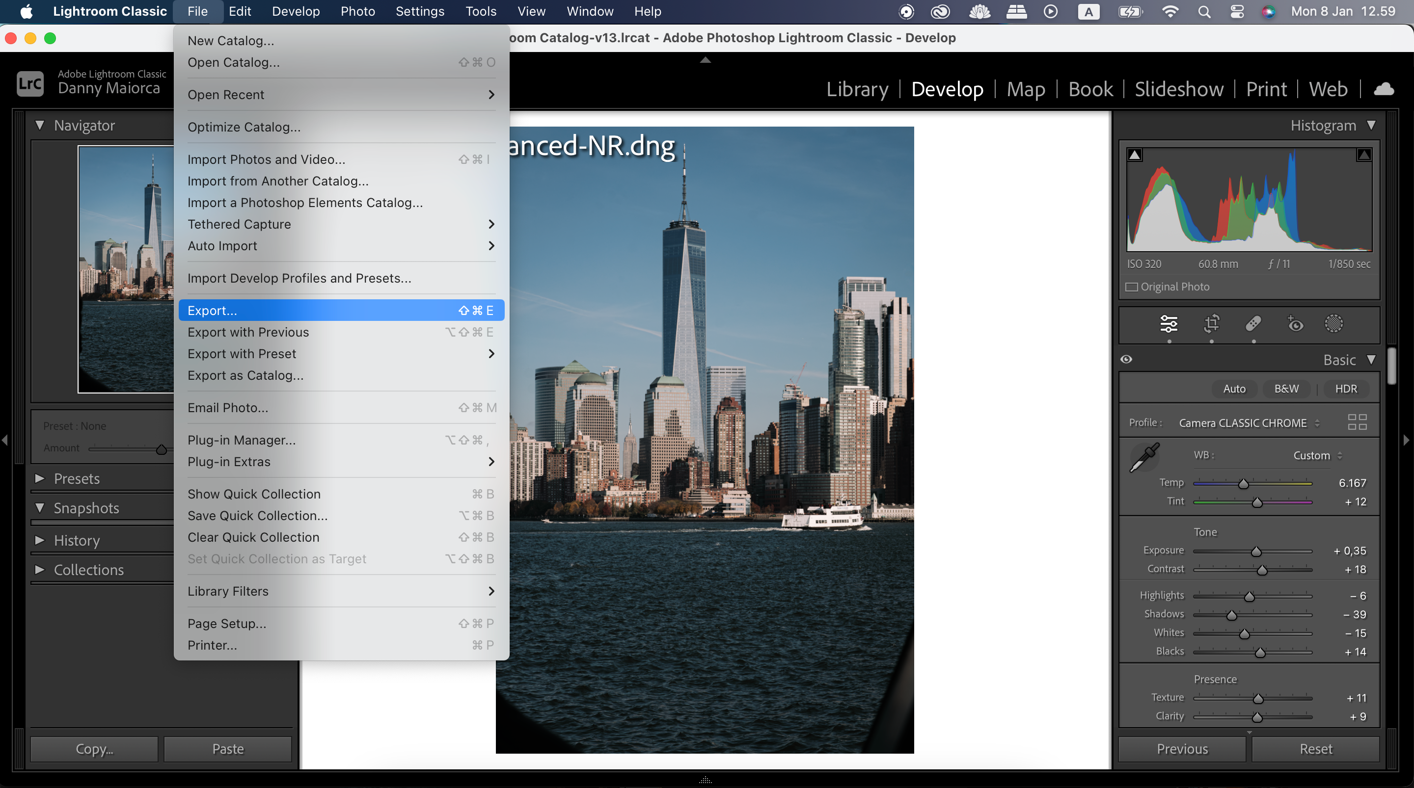 Опция экспорта файла в Adobe Lightroom