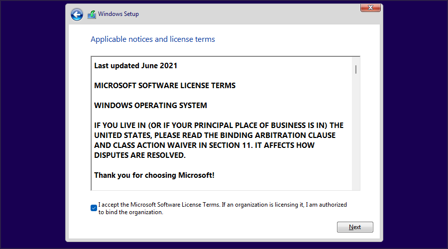 Accettazione dei termini di licenza Microsoft