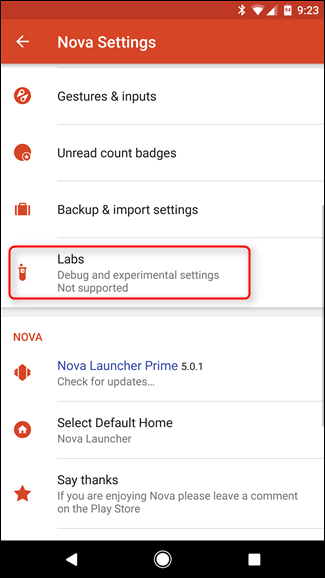 Пункт Labs в списке настроек Nova