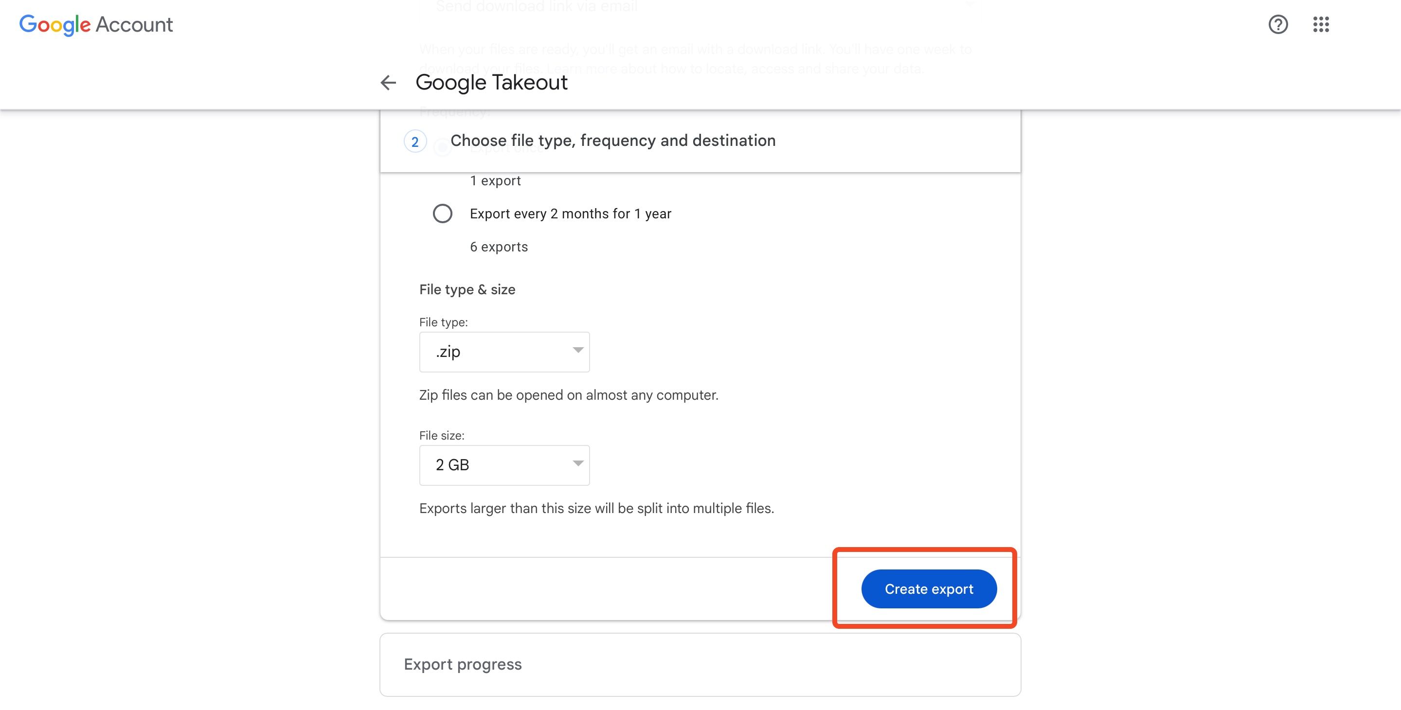 Кнопка Create Export в Google Takeout.
