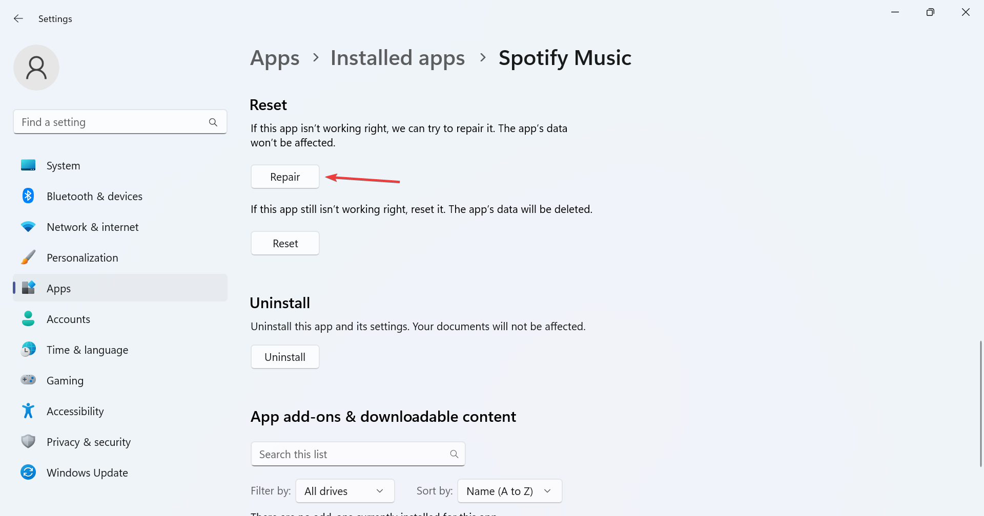 Кнопка восстановления приложения Spotify