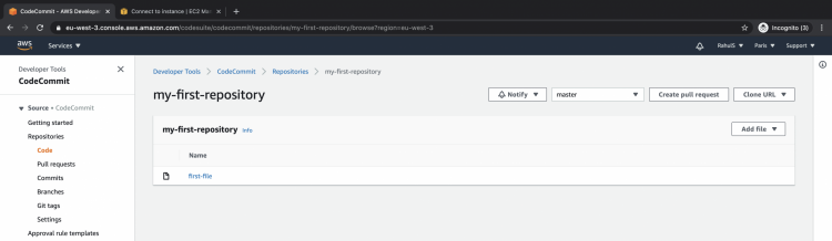 Просмотр коммита в консоли CodeCommit