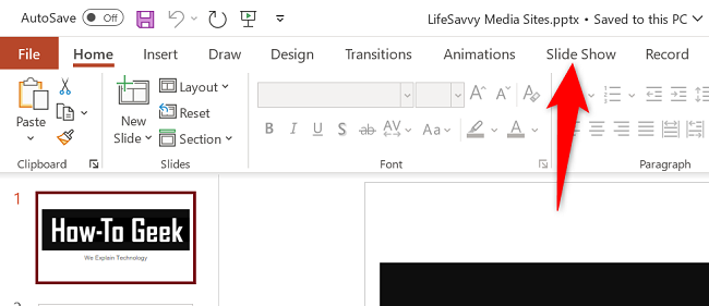 Выберите вкладку «Показ слайдов» в верхней части окна.
