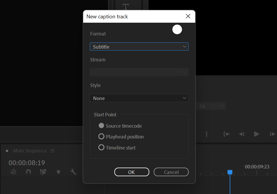 Параметры для нового импортированного трека субтитров