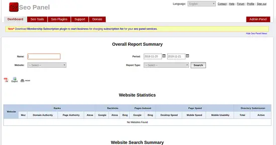 Dashboard padrão do Seo Panel