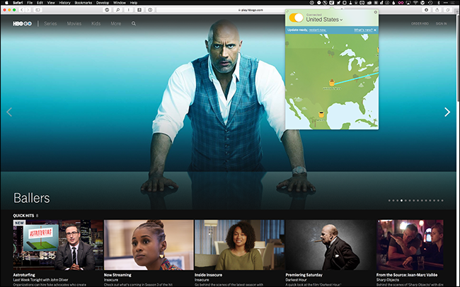 Иллюстрация подключения к VPN: окно приложения VPN с выбором сервера в США