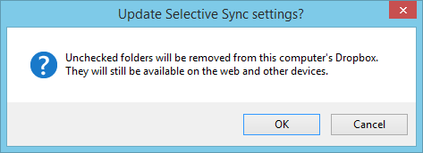 Снимок экрана: предупреждение Dropbox о удалении папки с компьютера при применении selective sync