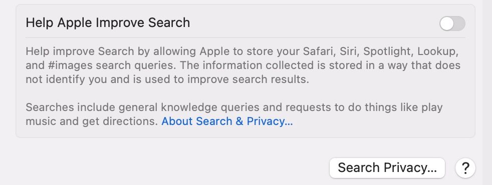 Кнопка Конфиденциальность поиска в настройках Spotlight приложения Системные настройки.