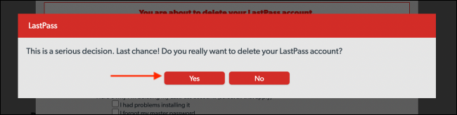Окончательное подтверждение удаления аккаунта LastPass