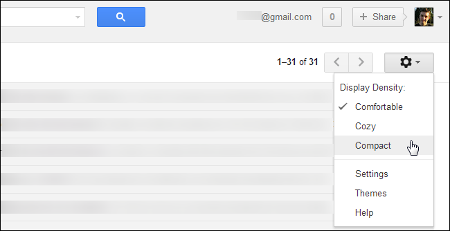 Меню шестерёнки Gmail с выбором плотности отображения