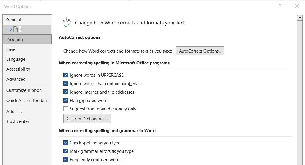The AutoCorrect Options button 