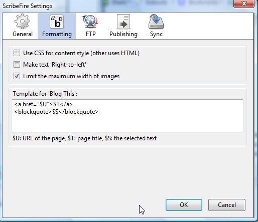 Настройки шаблона 'Blog this page' в ScribeFire