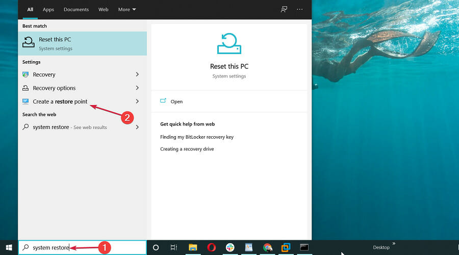 Окно Создание точки восстановления