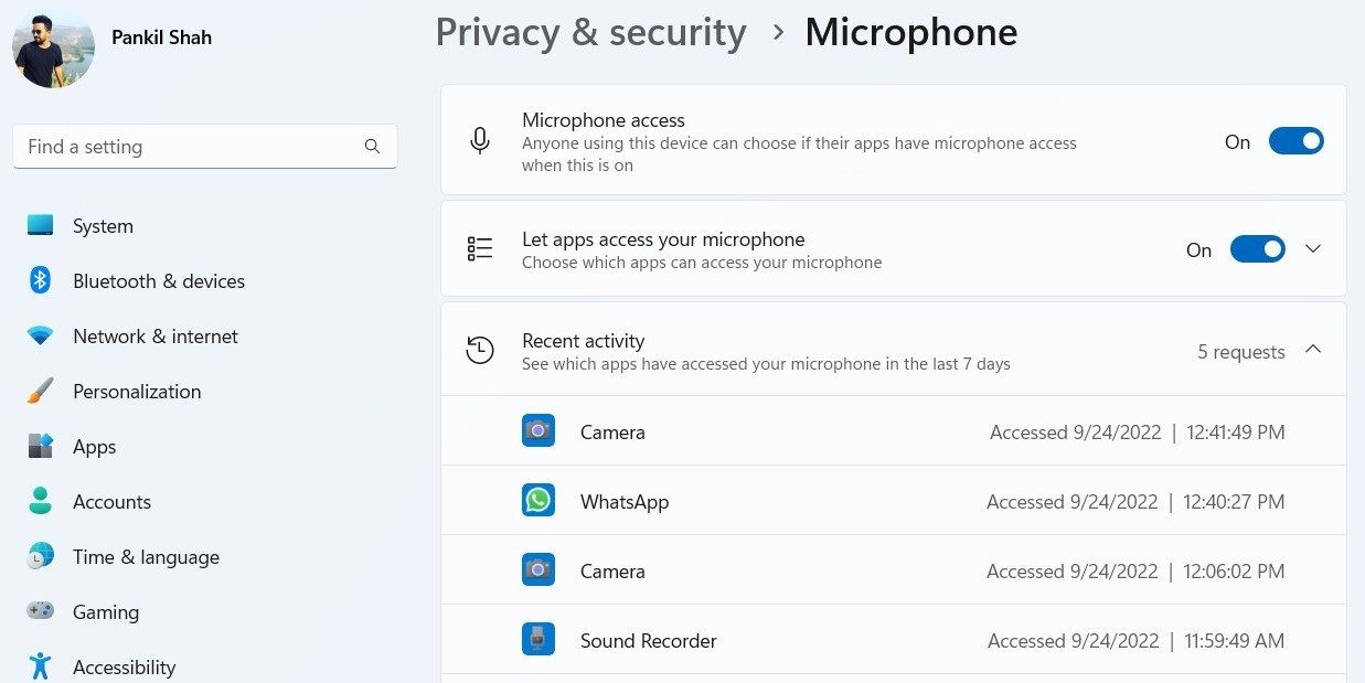Недавняя активность микрофона в Windows 11