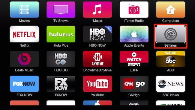 Старый Apple TV — главный экран с Настройками
