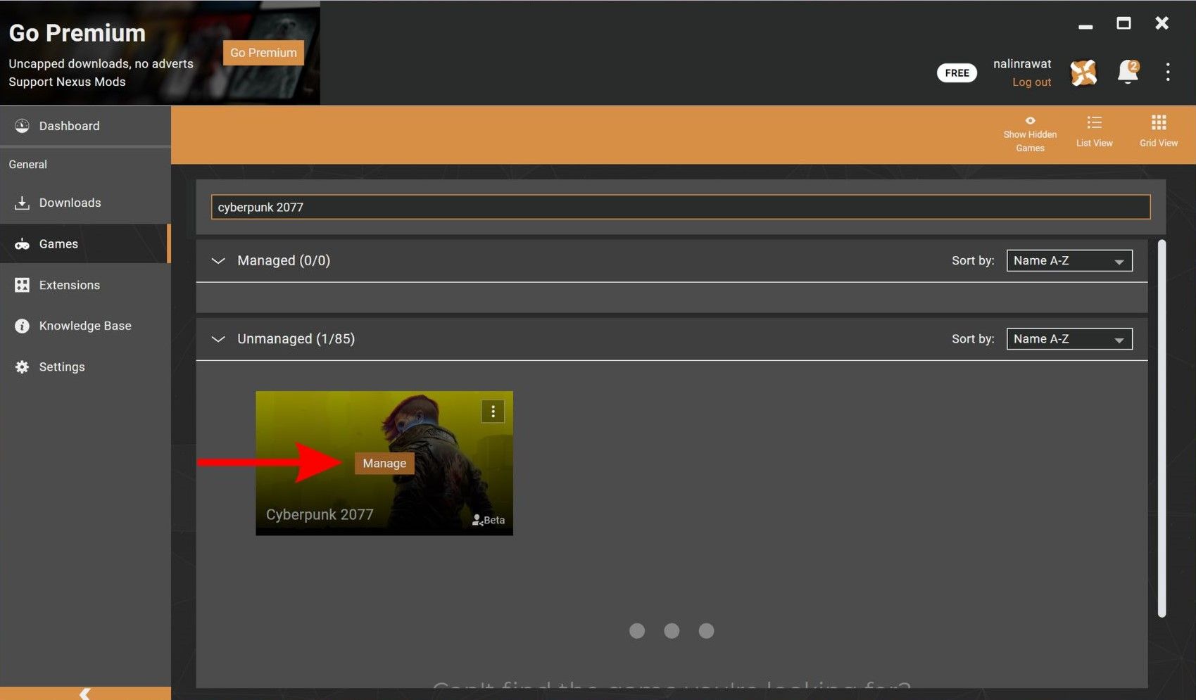 Нажмите Manage, чтобы добавить Cyberpunk 2077 в Vortex