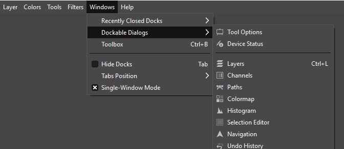 Откройте меню «Окна» и выберите «Докируемые диалоги»