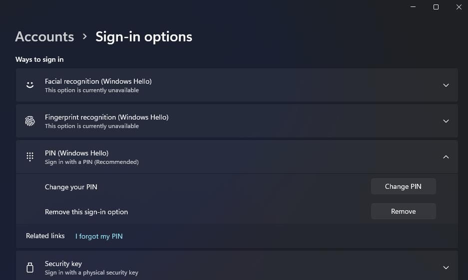Кнопка Удалить для способа входа Windows Hello