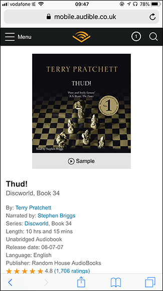 Пример оформления покупки аудиокниги на мобильном сайте Audible
